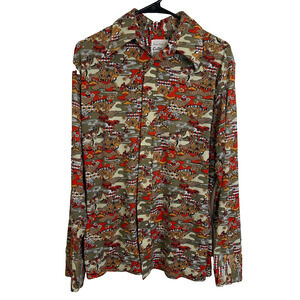 Vtg 70s Cortini Knit Disco Shirt Cream Red Floral Butterfly Collar Button Up